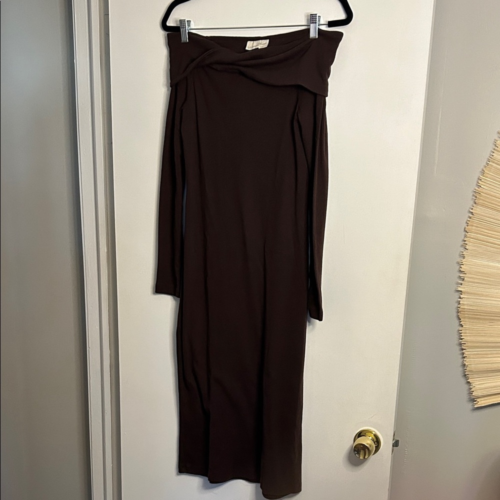Brown Off-Shoulder Sweater Midi Dress